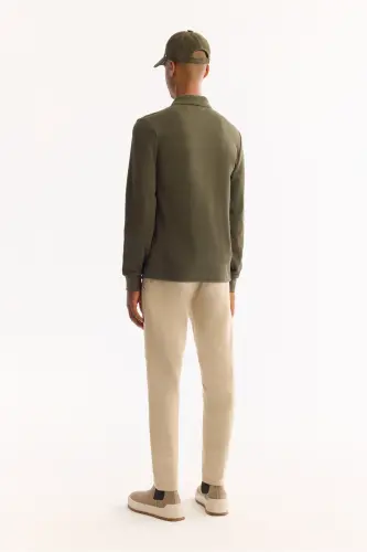 Erkek Haki Kıvrılmaz Polo Yaka Kolay Ütülenen Basic Sweatshirt B001080 - Haki - 4