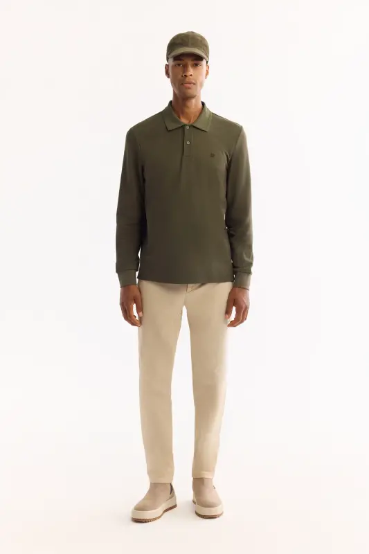 Erkek Haki Kıvrılmaz Polo Yaka Kolay Ütülenen Basic Sweatshirt B001080 - Haki - 6