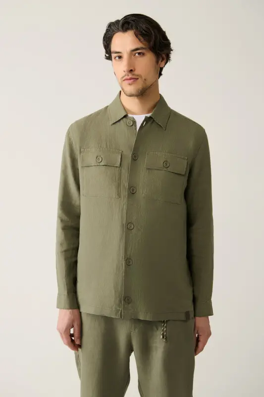 Erkek Haki Klasik Yaka %100 Keten Comfort Fit Gömlek A41Y2087-Haki - 1