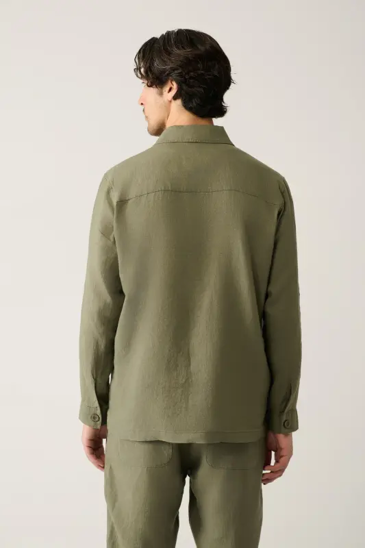 Erkek Haki Klasik Yaka %100 Keten Comfort Fit Gömlek A41Y2087-Haki - 4
