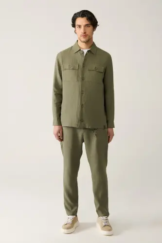 Erkek Haki Klasik Yaka %100 Keten Comfort Fit Gömlek A41Y2087-Haki - 5