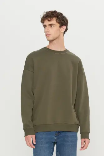 Erkek Haki Oversize Fit Bol Kesim Pamuklu Içi Polarlı 3 Iplik Bisiklet Yaka Sweatshirt - Haki 