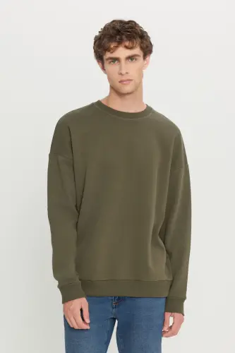 Erkek Haki Oversize Fit Bol Kesim Pamuklu Içi Polarlı 3 Iplik Bisiklet Yaka Sweatshirt - Haki - 8