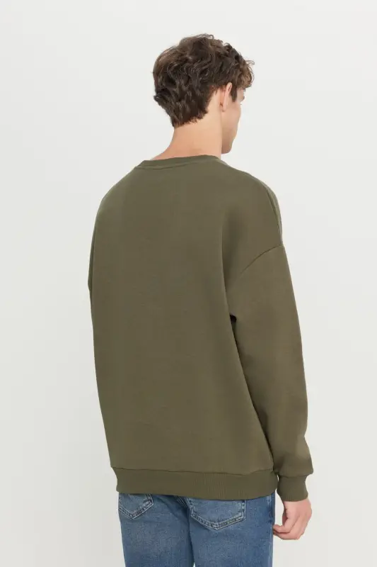 Erkek Haki Oversize Fit Bol Kesim Pamuklu Içi Polarlı 3 Iplik Bisiklet Yaka Sweatshirt - Haki - 6