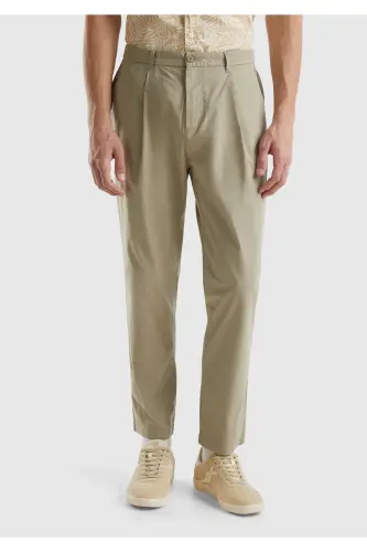 Erkek Haki Pamuk Karışımlı 4 Cepli Kemer Delikli Chino Pantolon-Haki - 1
