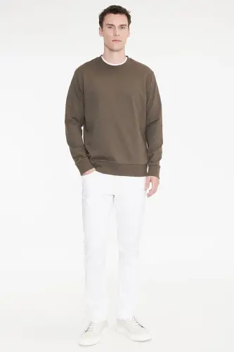 Erkek Haki Pamuklu Standart Fit Normal Kesim 2 İplik Bisiklet Yaka Sweatshirt - Haki - 4