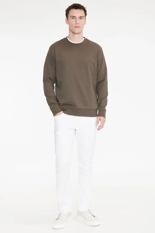 Erkek Haki Pamuklu Standart Fit Normal Kesim 2 İplik Bisiklet Yaka Sweatshirt - Haki - 4