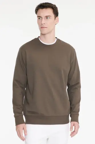 Erkek Haki Pamuklu Standart Fit Normal Kesim 2 İplik Bisiklet Yaka Sweatshirt - Haki - 5