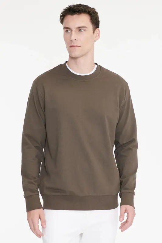 Erkek Haki Pamuklu Standart Fit Normal Kesim 2 İplik Bisiklet Yaka Sweatshirt - Haki - 5