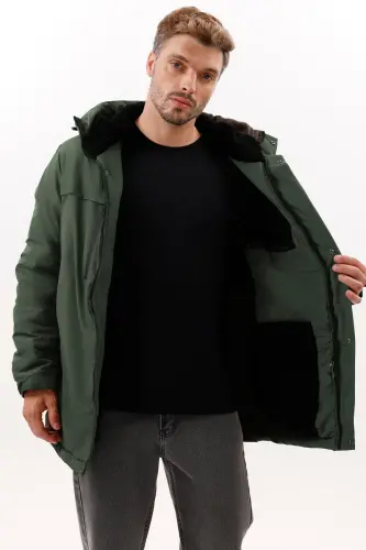 Erkek Haki Polarlı Kürklü Su Ve Rüzgar Geçirmez Kapüşonlu Kışlık Mont & Kaban & Parka - HAKİ - 5