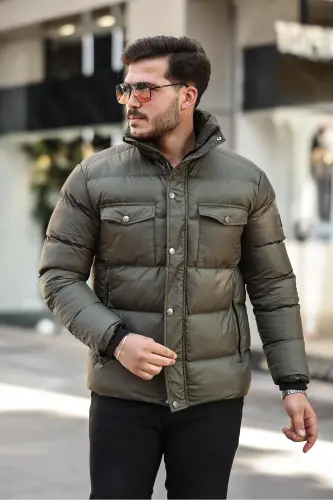 Erkek Haki Regular Fit Dik Yaka Su Ve Rüzgar Geçirmez Şişme Mont - HAKİ - 3