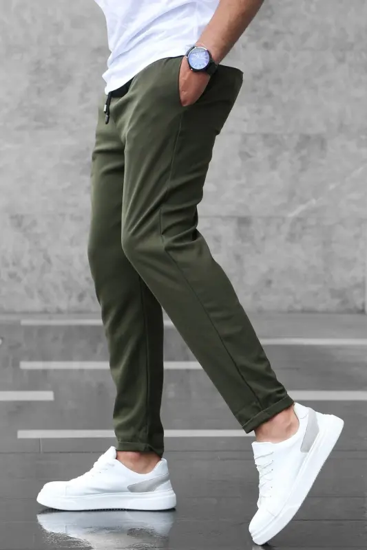 Erkek Haki Renk Italyan Kesim Kaliteli Esnek Likralı Bilek Boy Double Katlı Paça Jogger Pantolon - HAKİ - HATCELL