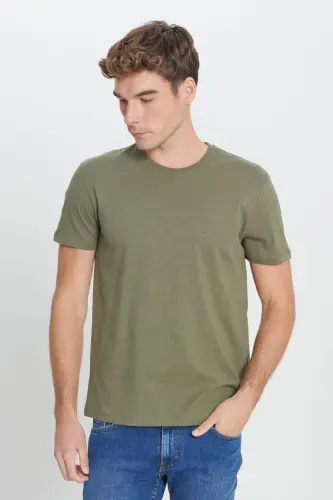Erkek Haki Slim Fit Dar Kesim %100 Pamuk Bisiklet Yaka Tişört-Haki - 5