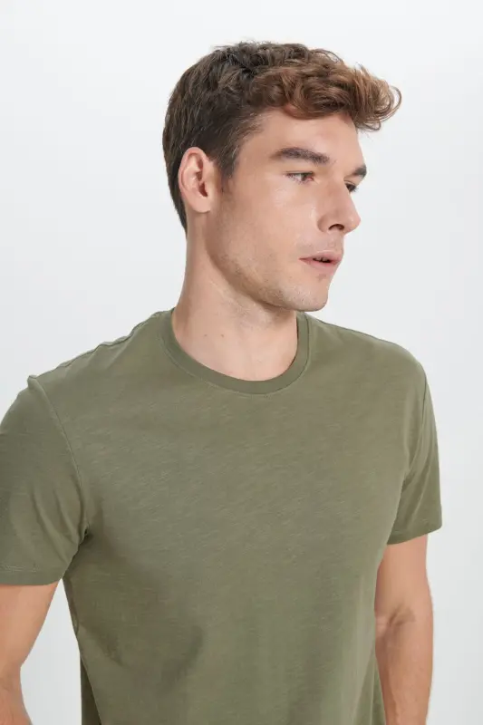 Erkek Haki Slim Fit Dar Kesim %100 Pamuk Bisiklet Yaka Tişört-Haki - 4