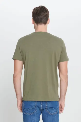 Erkek Haki Slim Fit Dar Kesim %100 Pamuk Bisiklet Yaka Tişört-Haki - 6