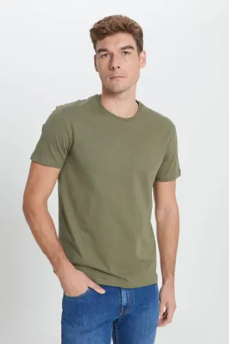 Erkek Haki Slim Fit Dar Kesim %100 Pamuk Bisiklet Yaka Tişört - Haki 