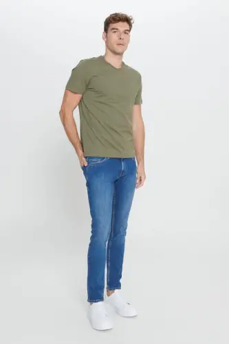 Erkek Haki Slim Fit Dar Kesim %100 Pamuk Bisiklet Yaka Tişört-Haki - ALTINYILDIZ CLASSICS (1)
