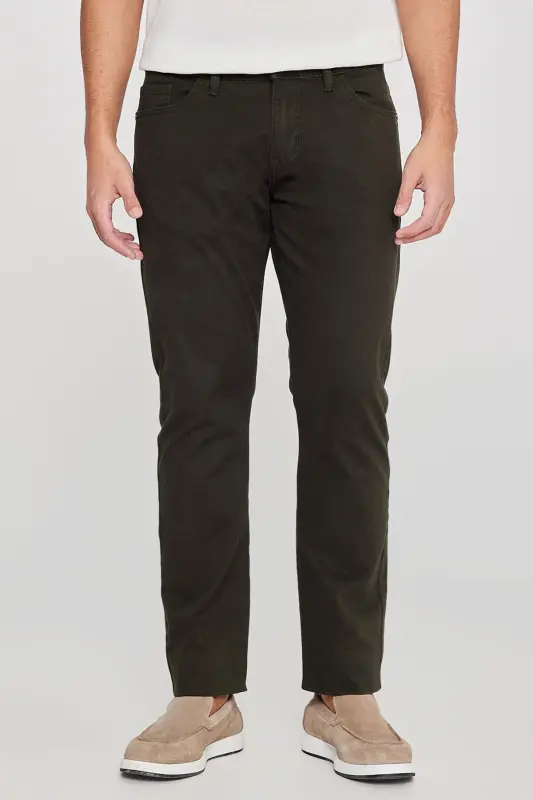 Erkek Haki Diz İzi Yapmayan Slim Fit Dar Kesim 5 Cep Pamuklu Kanvas Esnek Casual Pantolon - Haki - 4