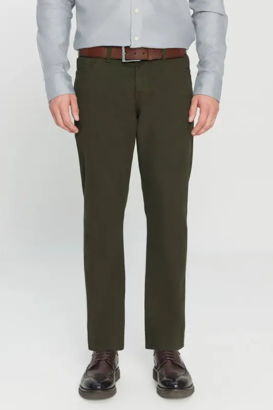 Erkek Haki Diz İzi Yapmayan Slim Fit Dar Kesim 5 Cep Pamuklu Kanvas Esnek Chino Pantolon-Haki - MODAZONE
