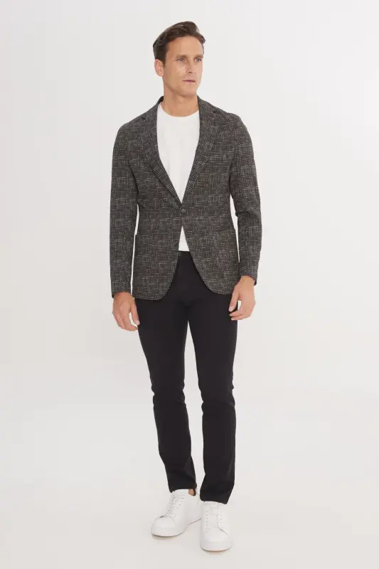 Erkek Haki Slim Fit Dar Kesim Mono Yaka Kazayağı Desenli Blazer Ceket - Haki - 2