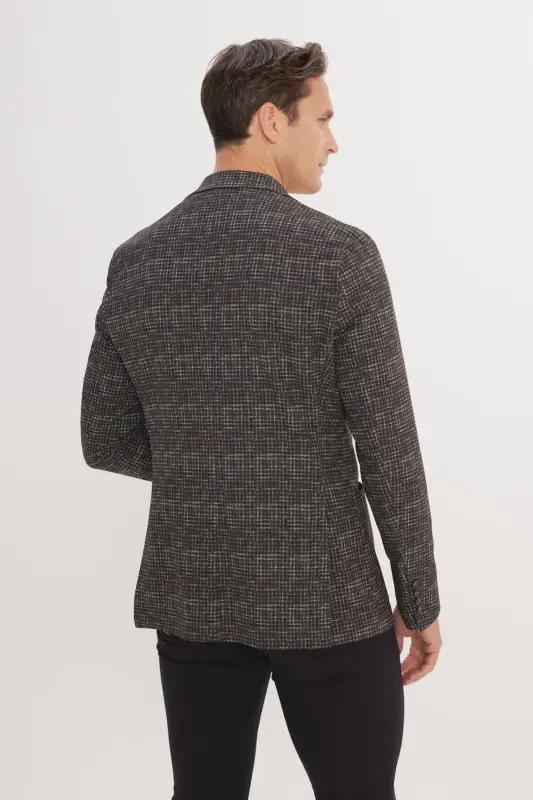 Erkek Haki Slim Fit Dar Kesim Mono Yaka Kazayağı Desenli Blazer Ceket - Haki - 5