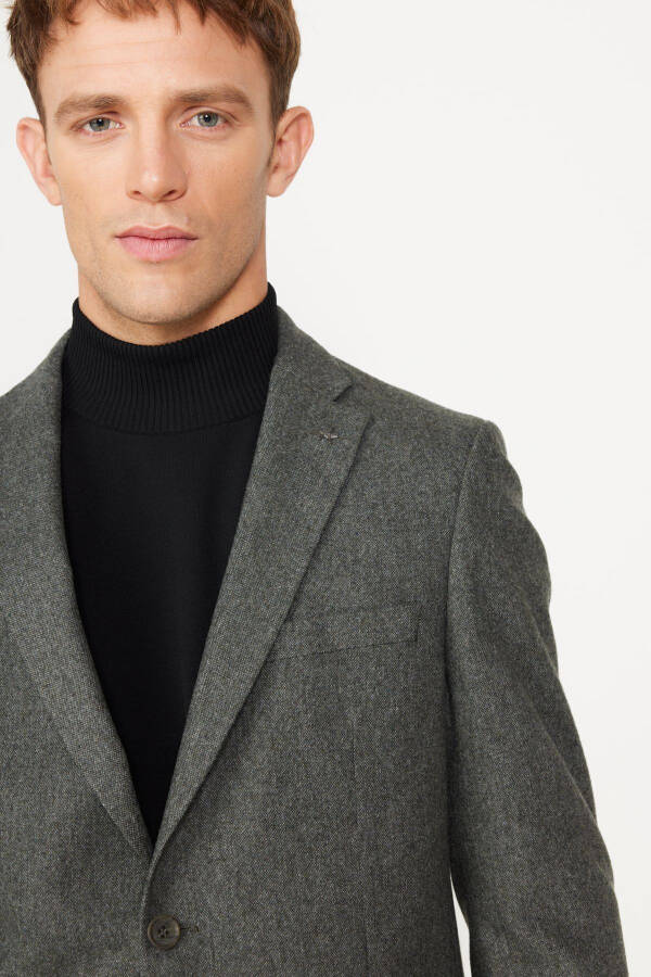 Erkek Haki Slim Fit Dar Kesim Mono Yaka Yünlü Ceket - Haki - 5