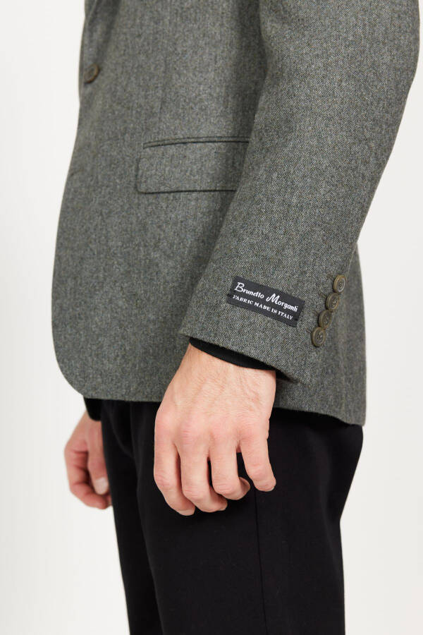 Erkek Haki Slim Fit Dar Kesim Mono Yaka Yünlü Ceket - Haki - 6
