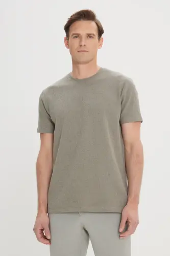 Erkek Haki Slim Fit Dar Kesim Pamuklu Bisiklet Yaka Tişört-Haki - 1