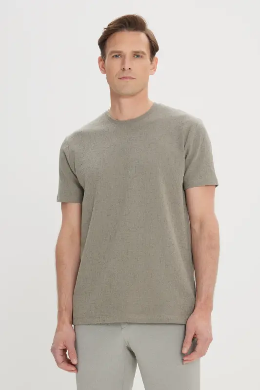 Erkek Haki Slim Fit Dar Kesim Pamuklu Bisiklet Yaka Tişört-Haki - 1