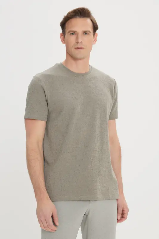 Erkek Haki Slim Fit Dar Kesim Pamuklu Bisiklet Yaka Tişört-Haki - 3