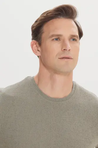 Erkek Haki Slim Fit Dar Kesim Pamuklu Bisiklet Yaka Tişört-Haki - 4