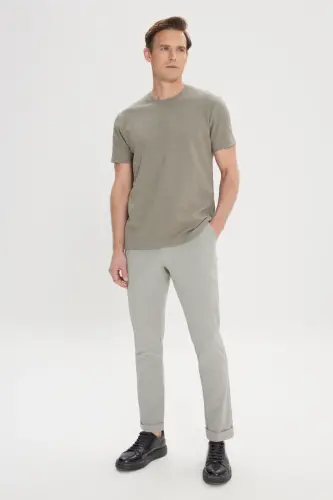 Erkek Haki Slim Fit Dar Kesim Pamuklu Bisiklet Yaka Tişört-Haki - 2