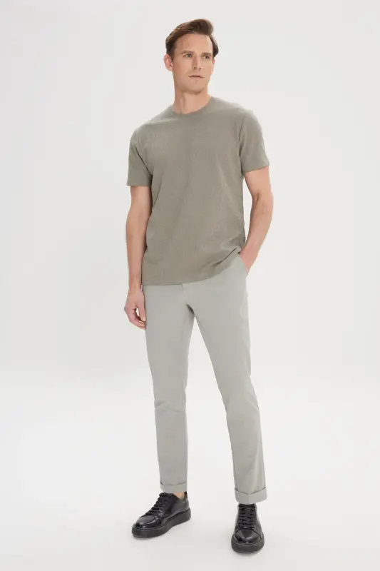 Erkek Haki Slim Fit Dar Kesim Pamuklu Bisiklet Yaka Tişört-Haki - 2