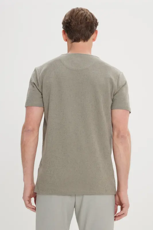 Erkek Haki Slim Fit Dar Kesim Pamuklu Bisiklet Yaka Tişört-Haki - 5