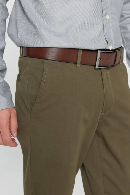 Erkek Haki Diz İzi Yapmayan Slim Fit Dar Kesim Pamuklu Yan Cep Esnek Casual Pantolon - Haki - 15