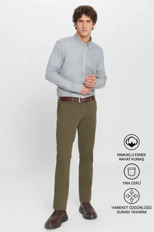 Erkek Haki Diz İzi Yapmayan Slim Fit Dar Kesim Pamuklu Yan Cep Esnek Casual Pantolon - Haki - 2