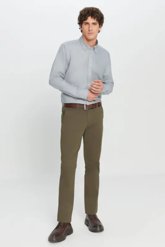 Erkek Haki Diz İzi Yapmayan Slim Fit Dar Kesim Pamuklu Yan Cep Esnek Casual Pantolon - Haki - 4