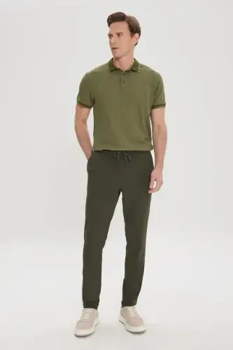 Erkek Haki Slim Fit Rahat Kesim Beli Bağlamalı Yan Cepli Jogger Pantolon-Haki - 2
