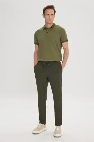 Erkek Haki Slim Fit Rahat Kesim Beli Bağlamalı Yan Cepli Jogger Pantolon-Haki - 3