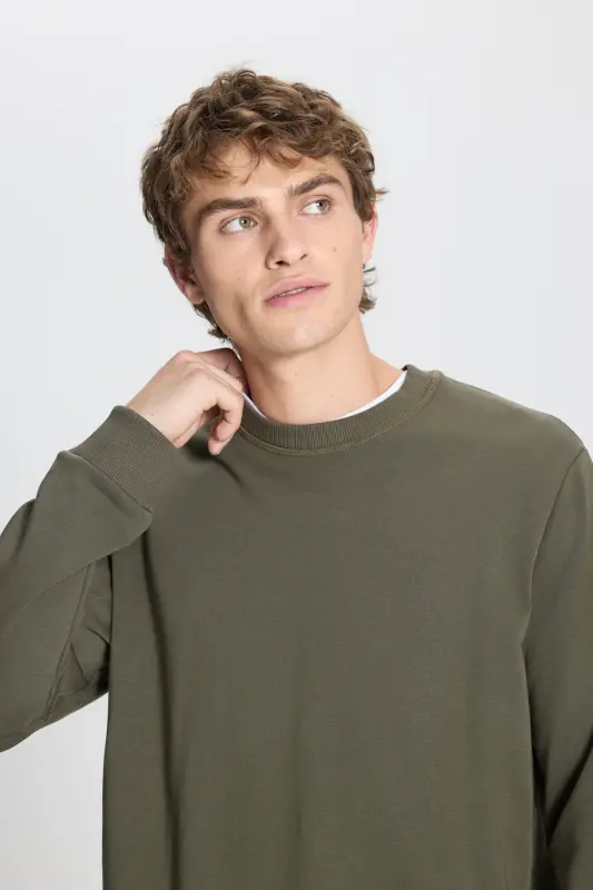 Erkek Haki Standart Fit Normal Kesim Bisiklet Yaka Pamuklu Sweatshirt - Haki - 3