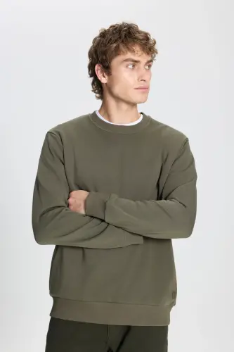 Erkek Haki Standart Fit Normal Kesim Bisiklet Yaka Pamuklu Sweatshirt - Haki - 4
