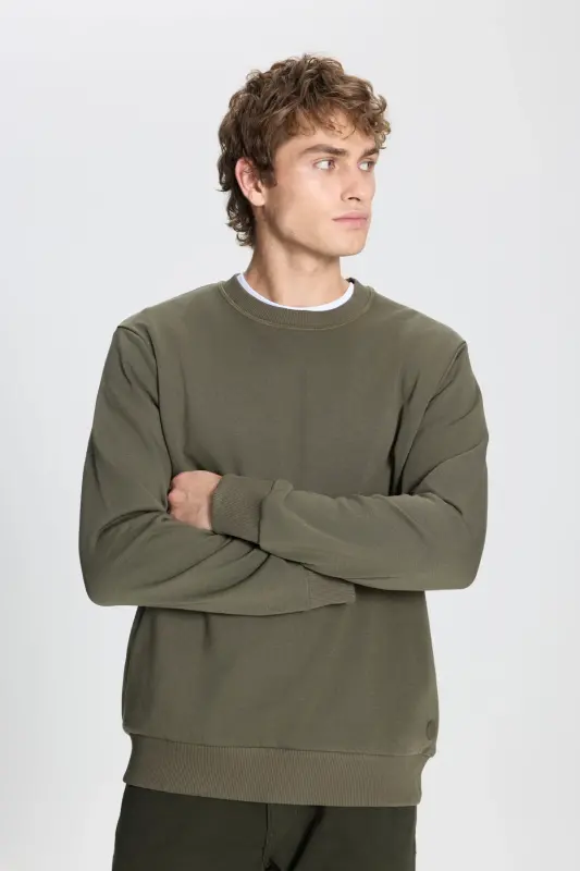 Erkek Haki Standart Fit Normal Kesim Bisiklet Yaka Pamuklu Sweatshirt - Haki - 4