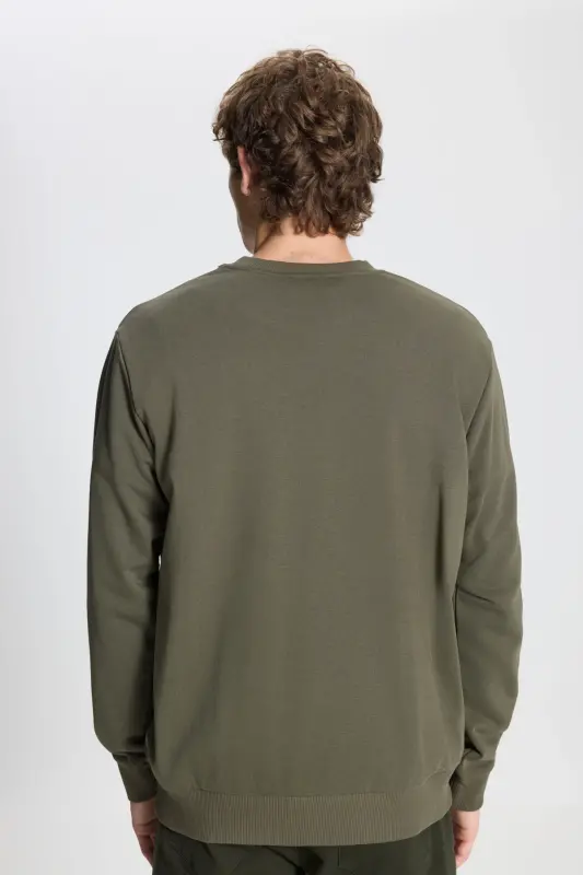 Erkek Haki Standart Fit Normal Kesim Bisiklet Yaka Pamuklu Sweatshirt - Haki - 5