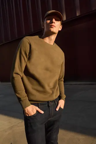 Erkek Haki Standart Fit Normal Kesim Içi Polarlı 3 Iplik Bisiklet Yaka Pamuklu Sweatshirt - Haki - 3