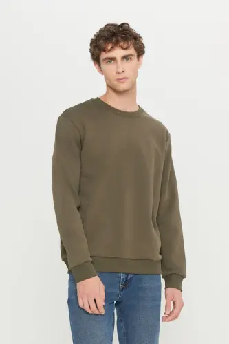 Erkek Haki Standart Fit Normal Kesim Içi Polarlı 3 Iplik Bisiklet Yaka Pamuklu Sweatshirt - Haki - 7