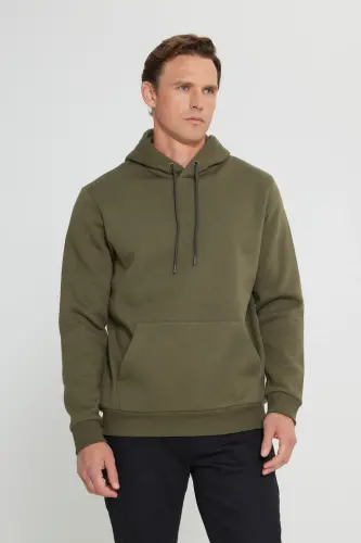 Erkek Haki Standart Fit Normal Kesim İçi Polarlı 3 İplik Kapüşonlu Kanguru Cepli Pamuklu Sweatshirt-Haki 