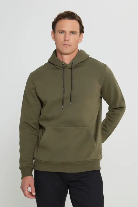 Erkek Haki Standart Fit Normal Kesim İçi Polarlı 3 İplik Kapüşonlu Kanguru Cepli Pamuklu Sweatshirt-Haki - 4