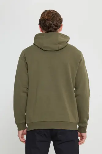 Erkek Haki Standart Fit Normal Kesim İçi Polarlı 3 İplik Kapüşonlu Kanguru Cepli Pamuklu Sweatshirt-Haki - 6