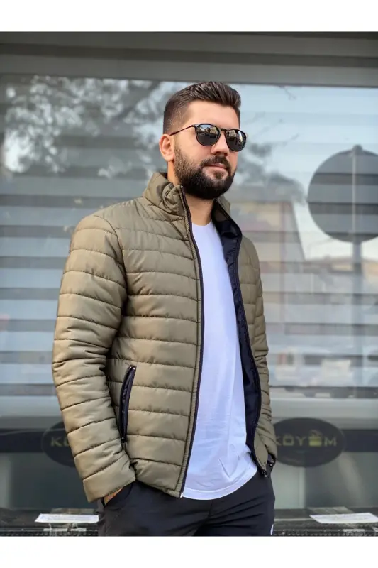 Erkek Haki Su Geçirmez Fermuarlı Şişme Mont - Haki - 2