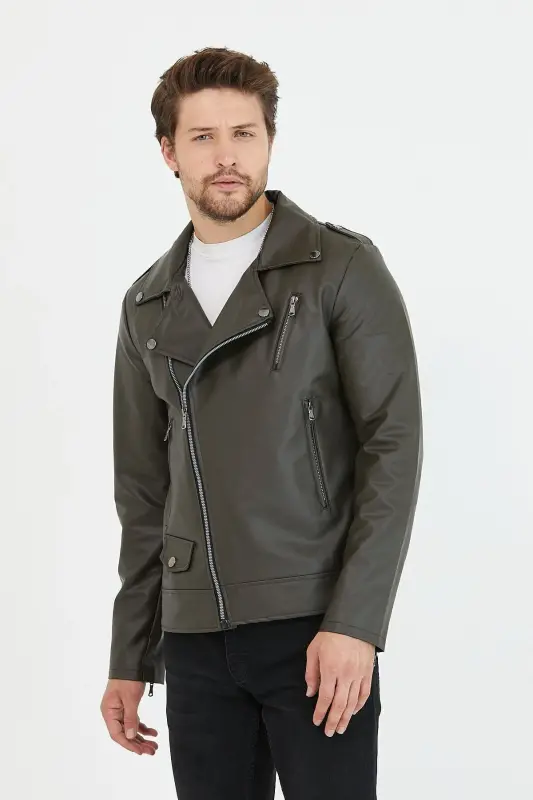 Erkek Haki Yeni Sezon Çapraz Fermuarlı Deri Ceket Mont-Haki - 2